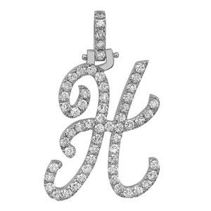 Round Cut Diamond "H" Calligraphy Initial Letter Pendant 14K White Gold 0.96Cttw